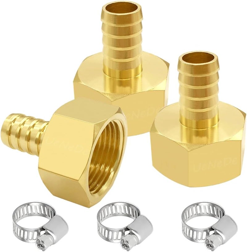 Uenede 3PCS Brass Hose Barb Fittings 3/4" NPT Female to 5/8" Barb Adapter Connector Include 3 Stainless Steel Clamps for Water/Oil/Gas - Image 1